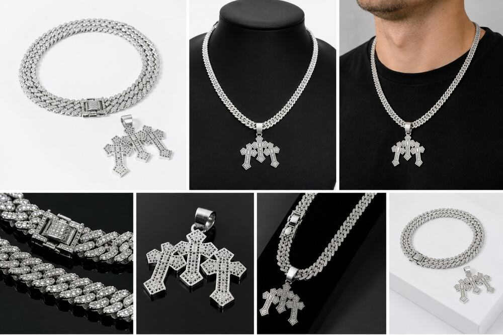 Silver-Tone Rhinestone Chain Necklace with Triple Cross Pendant